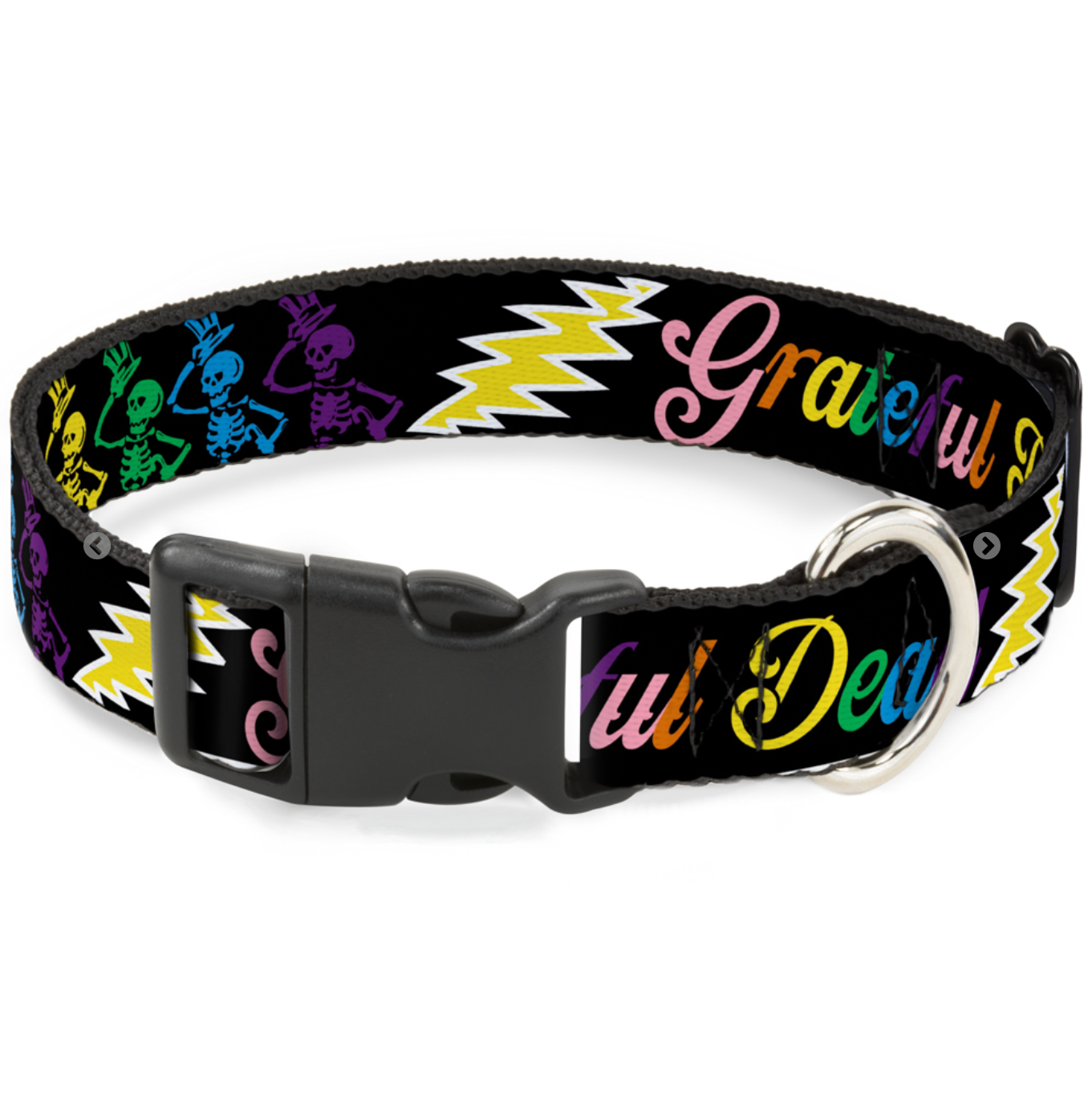 Plastic Clip Dog Collar - Grateful Dead Script w/Bears & Skeletons Black/Multi Color.