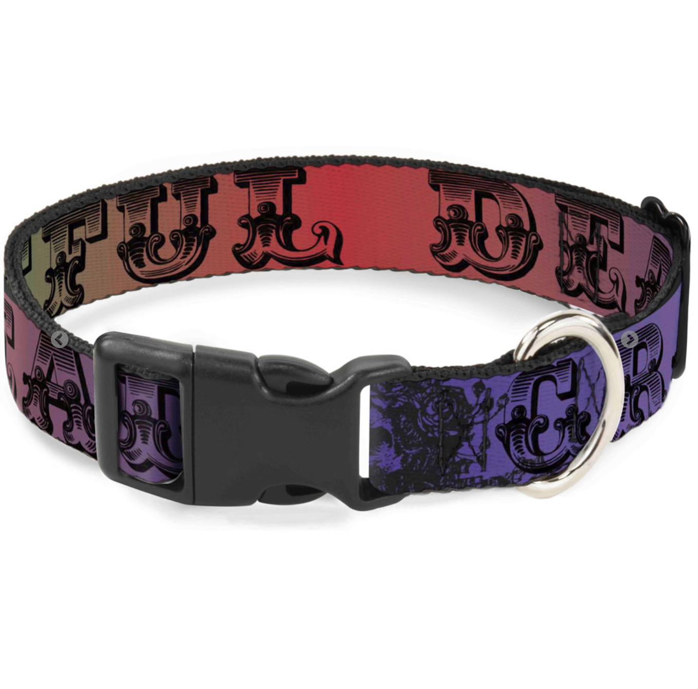 Plastic Clip Dog Collar -Grateful Dead Text w/Skull & Roses Rainbow Fade.