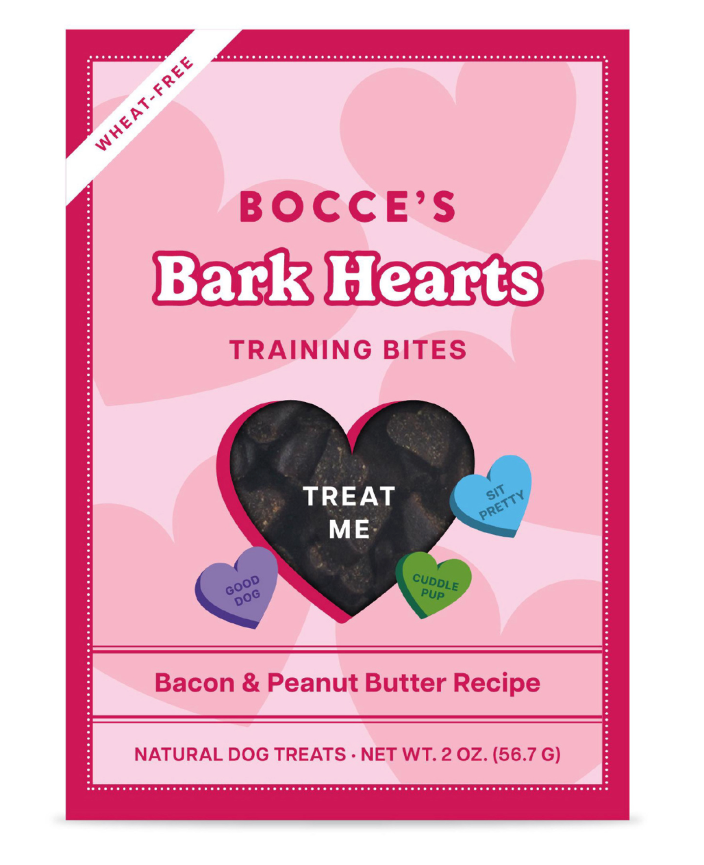 BOCCE BARK HEARTS PEANUT BUTTER & BACON TRAINING BITES 2 OZ.