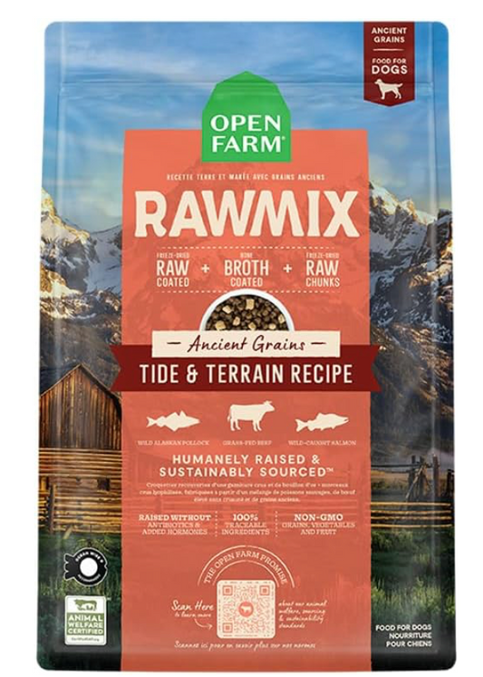 Open Farm, RawMix Dry Dog Food with Ancient Grains, Protein-Packed Kibble Coated in Bone Broth with Freeze Dried Raw Chunks, Pollock Beef & Salmon, Tide & Terrain Recipe, 3.5lb Bag