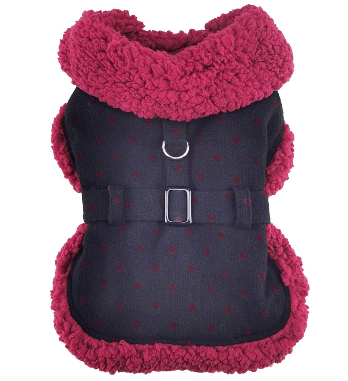 Sherpa-Lined Dog Harness Coat - Black and Burgundy Dots