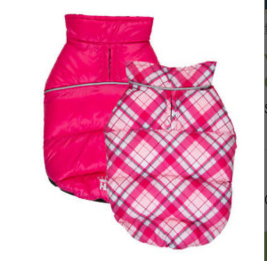 Pink / Plaid Flex-Fit Reversible Puffer Dog Coat