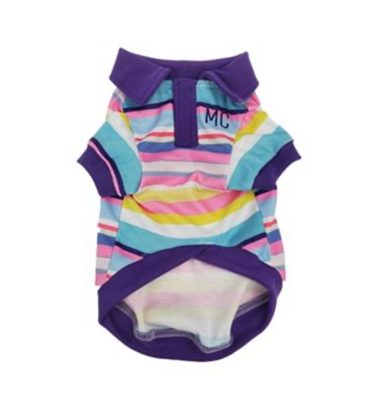 Multi-striped polo Pet shirt - Blue/Pink/Yellow stripe with Purple trim