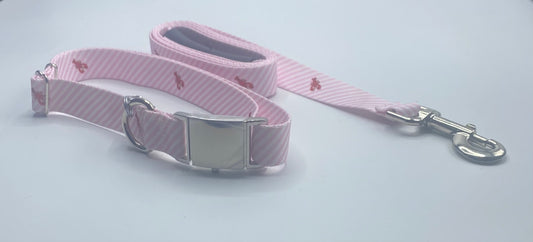 Seersucker Pink w/ Crawfish Southern Dawg Dog Collar or Lead
