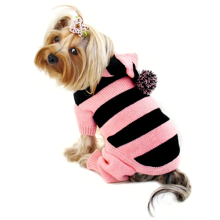 Striped Dog Bodysuit with Long Hoodie and Pompom