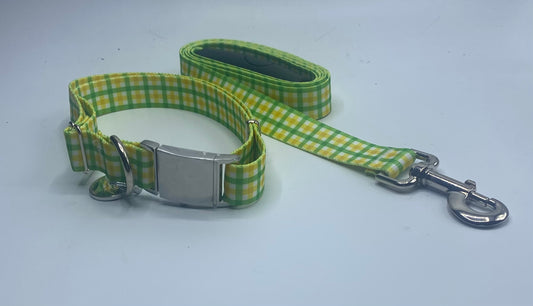 Gingham Yellow and Green Dog Collar & Leads.