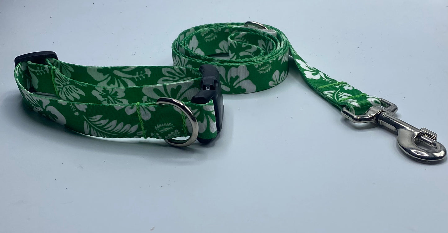 Green Hawaiian Print nylon Collars or leads (5/8" wide)