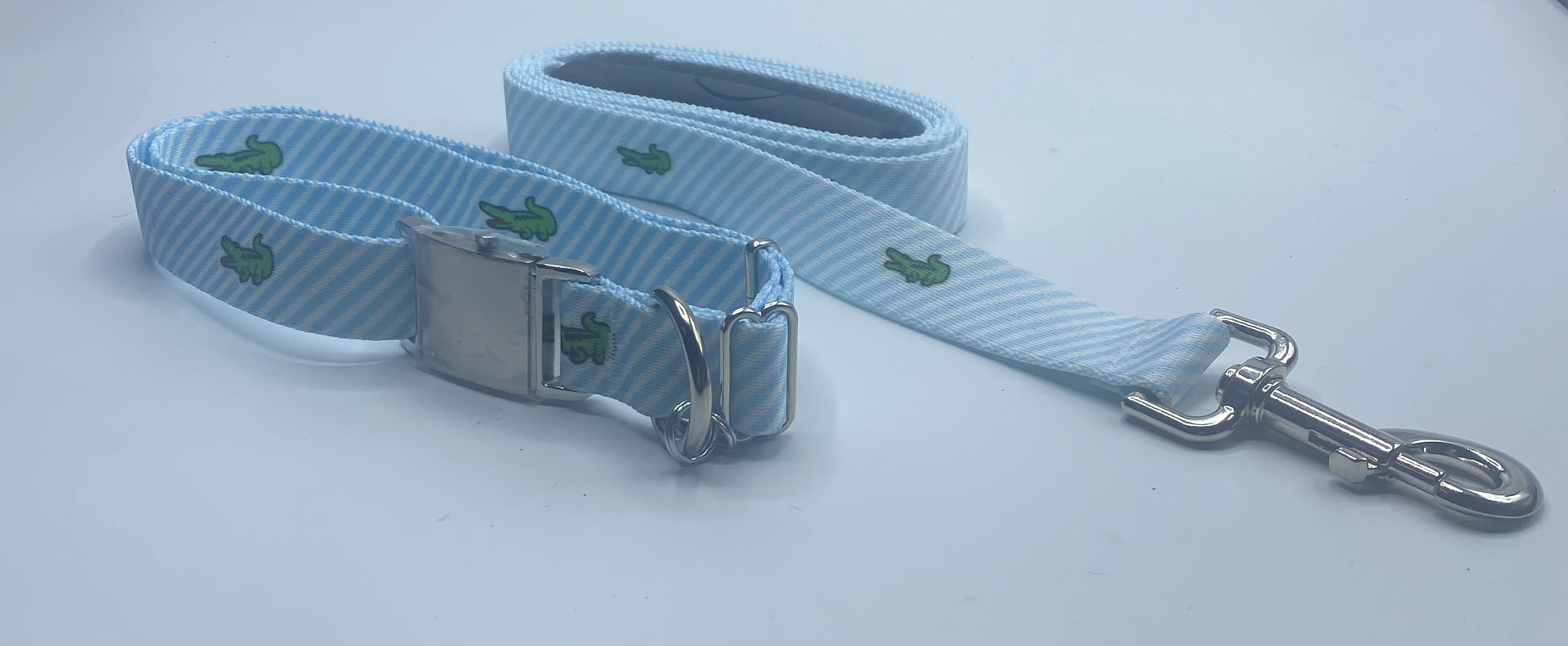 Seersucker Blue w/ Alligators Southern Dawg Dog Collars or Leads Collection.