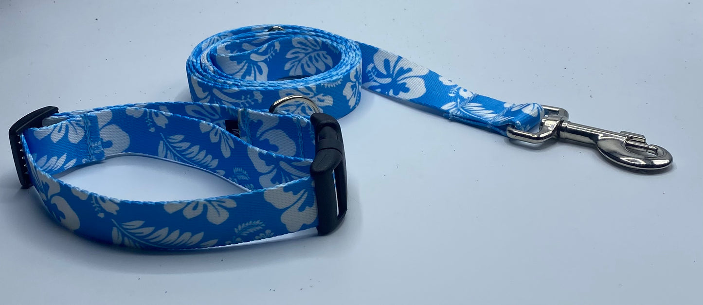 Blue Hawaiian Print nylon Collars or leads (1" Wide)