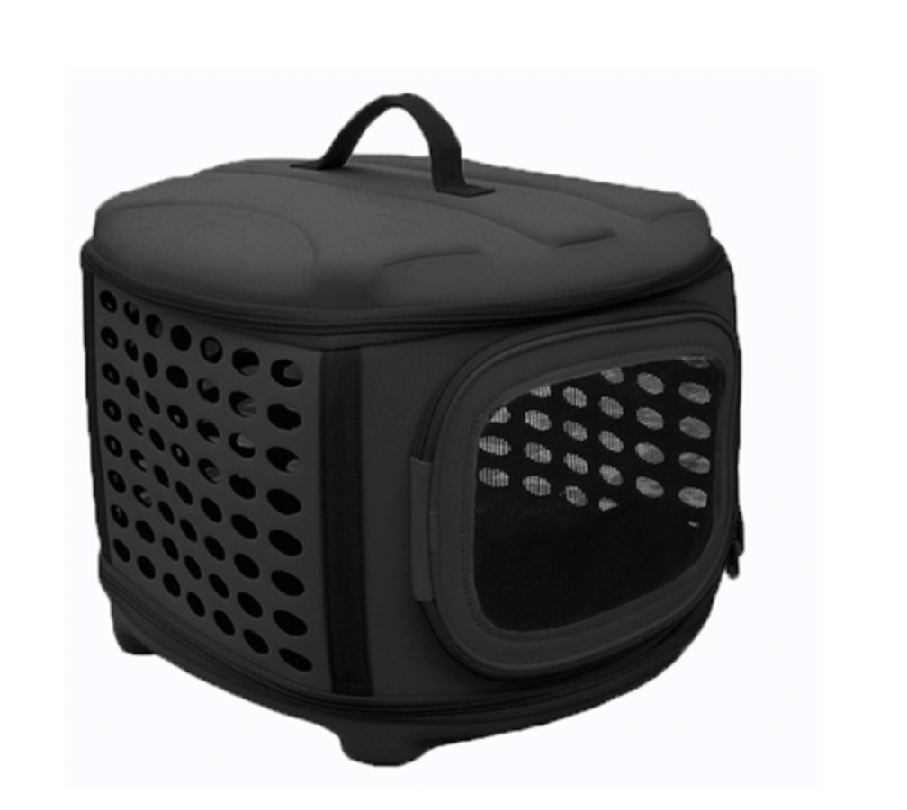 Black Circular Shelled Perforate Lightweight Collapsible Military Grade Transporter Pet Carrier.