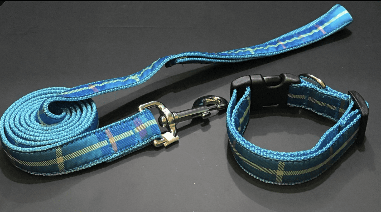 Blue Mad about Plaid Dog Collars or Leads (1" Wide).