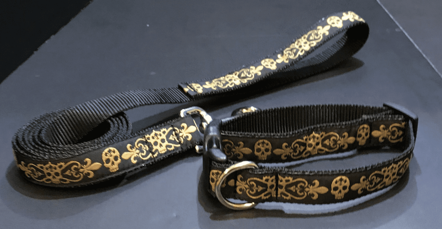 Gold Spooky Skulls Dog Collars or Leads (3/4" Wide).