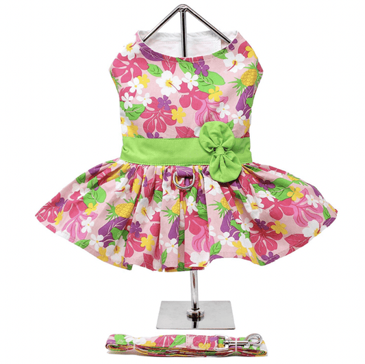 Pink Hawaiian Floral Dog Dress w/ Leash & D-Ring.