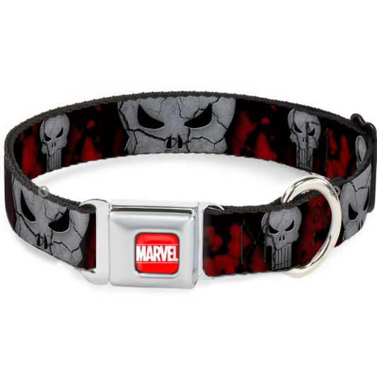 MARVEL Full Color Red/White Seatbelt Buckle Collar - Stone Punisher Logo4 Scattered Black/Red/Gray.