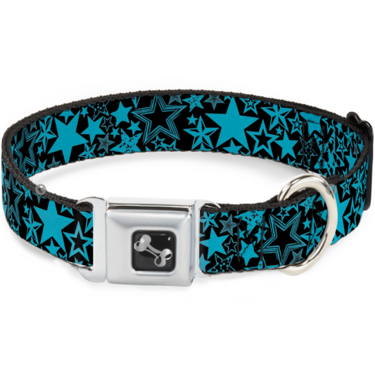 Dog Bone Black/Silver Seatbelt Buckle Collar - Stargazer Black/Blue.