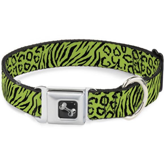 Dog Bone Black/Silver Seatbelt Buckle Collar - Cheebra Green/Black.