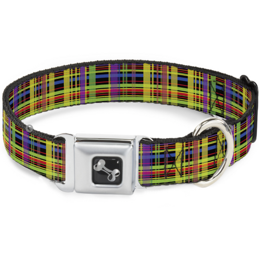 Dog Bone Black/Silver Seatbelt Buckle Collar - Plaid Black/Multi Neon.