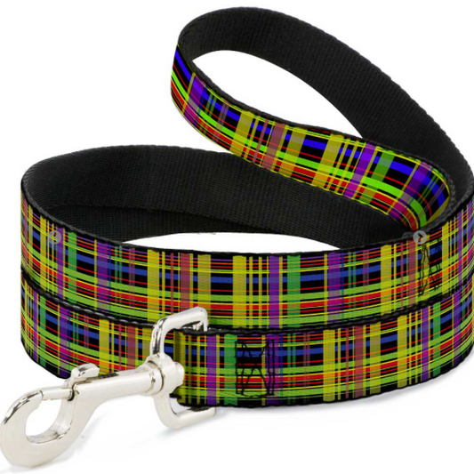 Dog Leash - Plaid Black/Multi Neon.