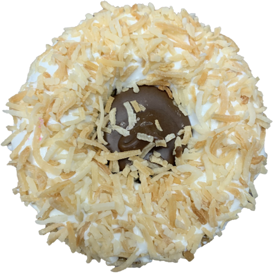 Gourmet Filled Donut, Coconut w/ Carob Filled Donut Dog Treat.