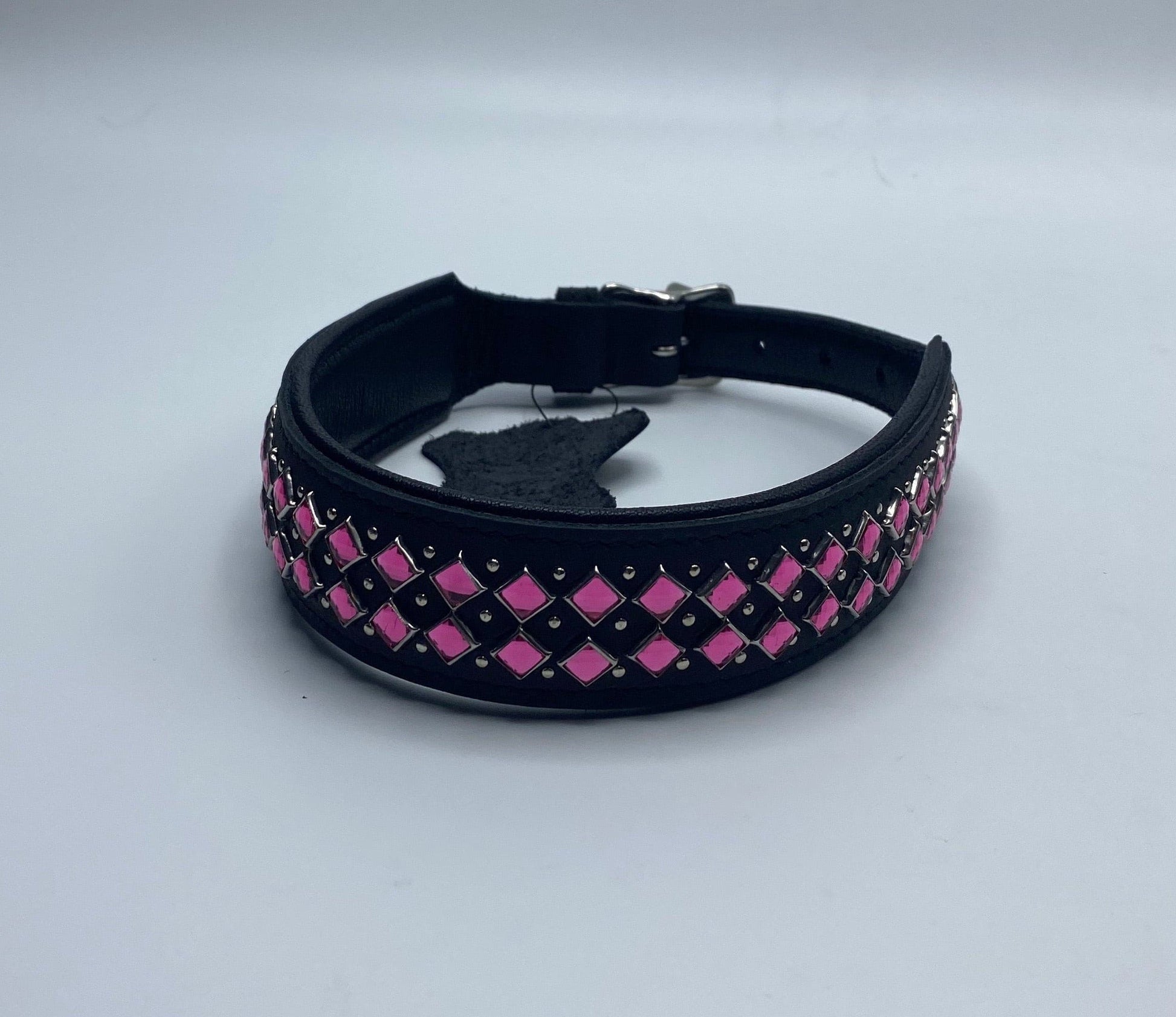 Black Leather Collar w/Pink Rhinestones.