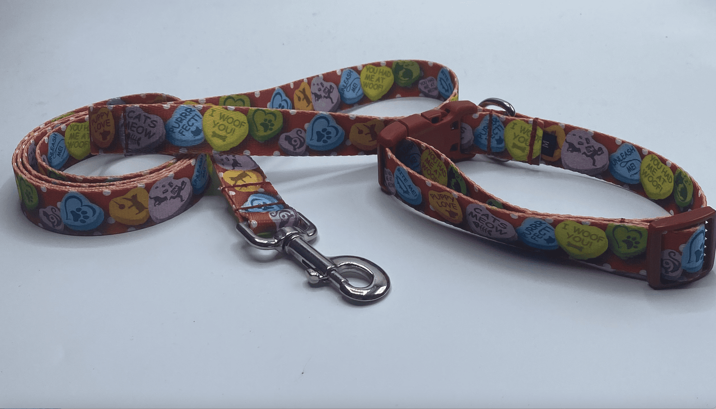 Valentine's Candy Hearts Dog Collars or leads/ (5/8" wide).